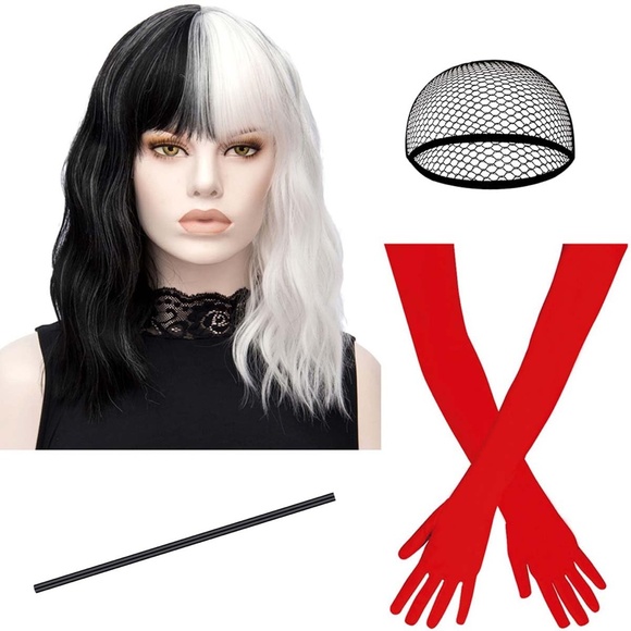 Two-Tone Black and White Wig with Red Gloves - Picture 1 of 10
